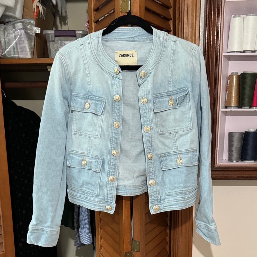 L'AGENCE Womens Light Blue Jean Jacket with Gold Buttons